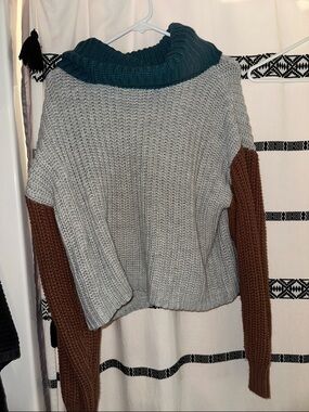 HYFVE Colorblock Cowl Sweater - Teal Collar, Gray Body, Brown Sleeves